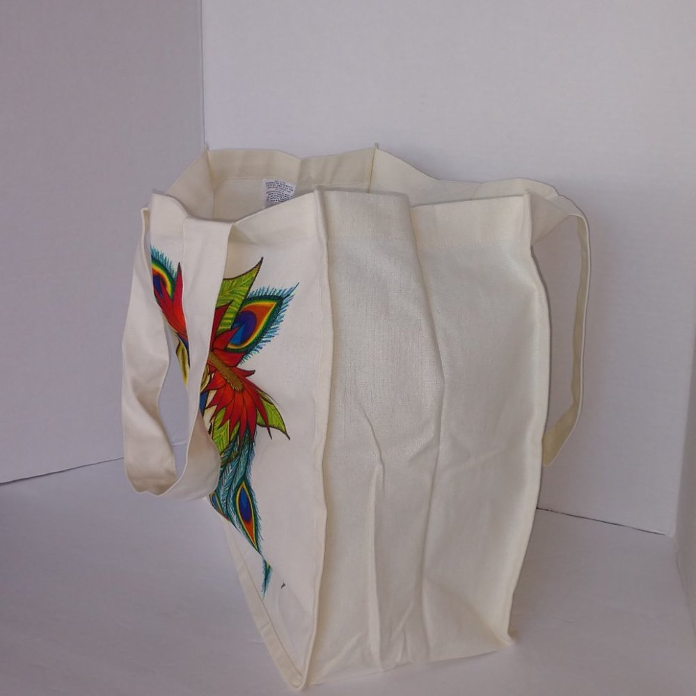 Hand-Painted Skull Tote Bag: Sunflower & Peacock Feather Art 14x13x7 - Picture 13 of 16